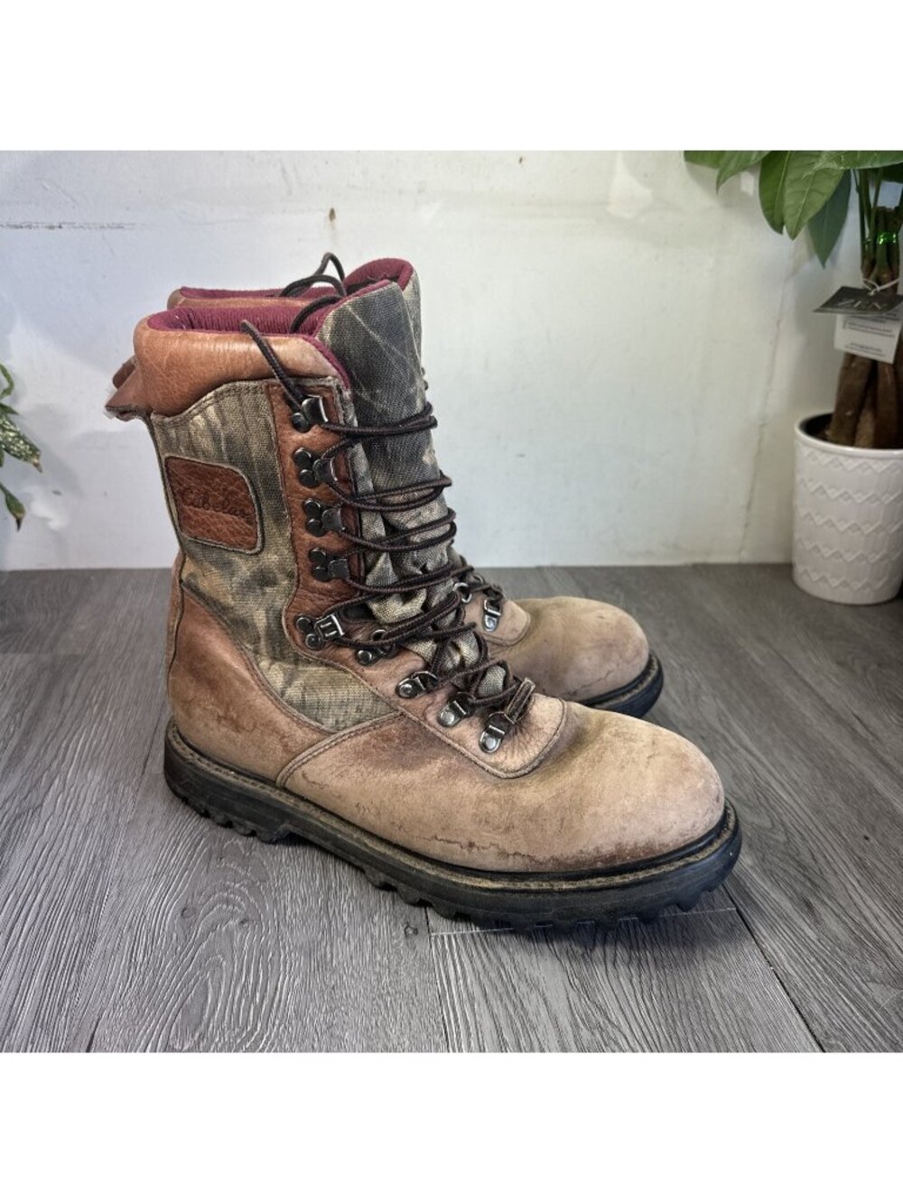 Mens Cabelas Woodland Camo Leather Hunting Hiking Thinsulate Ultra Boots 10.5 D